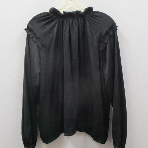 Beautiful black silky peasant blouse. Cute ruffle detail on top with neck tie. - Picture 6 of 7